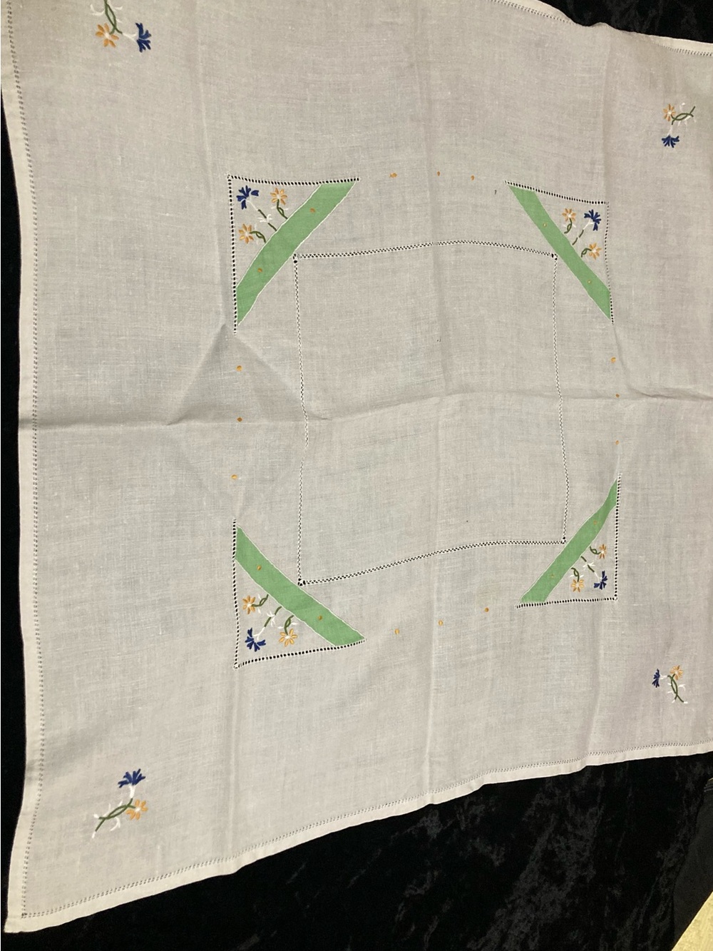Embroidered Linen Hand Appliqué Tablecloth  Green Accents 33 inches square